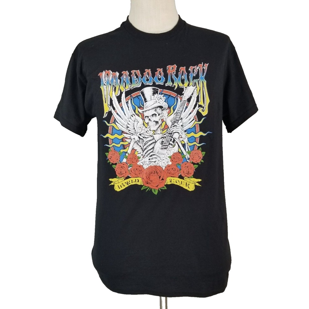 Gildan T-Shirt Mens M Black Voodoo Rock World Tour Skull Roses Heavy Cotton NEW